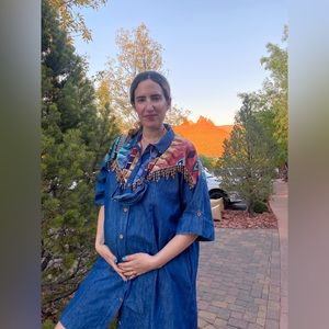 Oversized denim knee length shirt dress with beaded trim